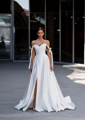 Tie Straps Beaded White Satin Slit Elegant Wedding Dress